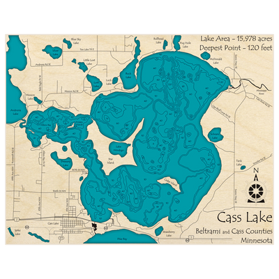 Bathymetric topo map of Cass Lake with roads, towns and depths noted in blue water
