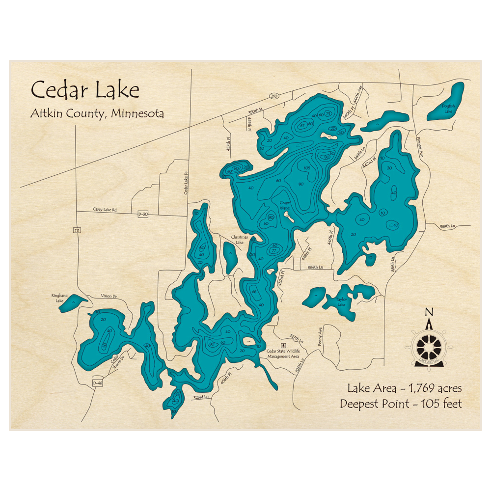 Bathymetric topo map of Cedar Lake with roads, towns and depths noted in blue water