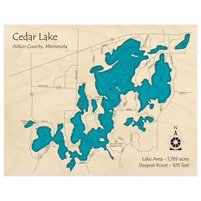 Bathymetric topo map of Cedar Lake with roads, towns and depths noted in blue water
