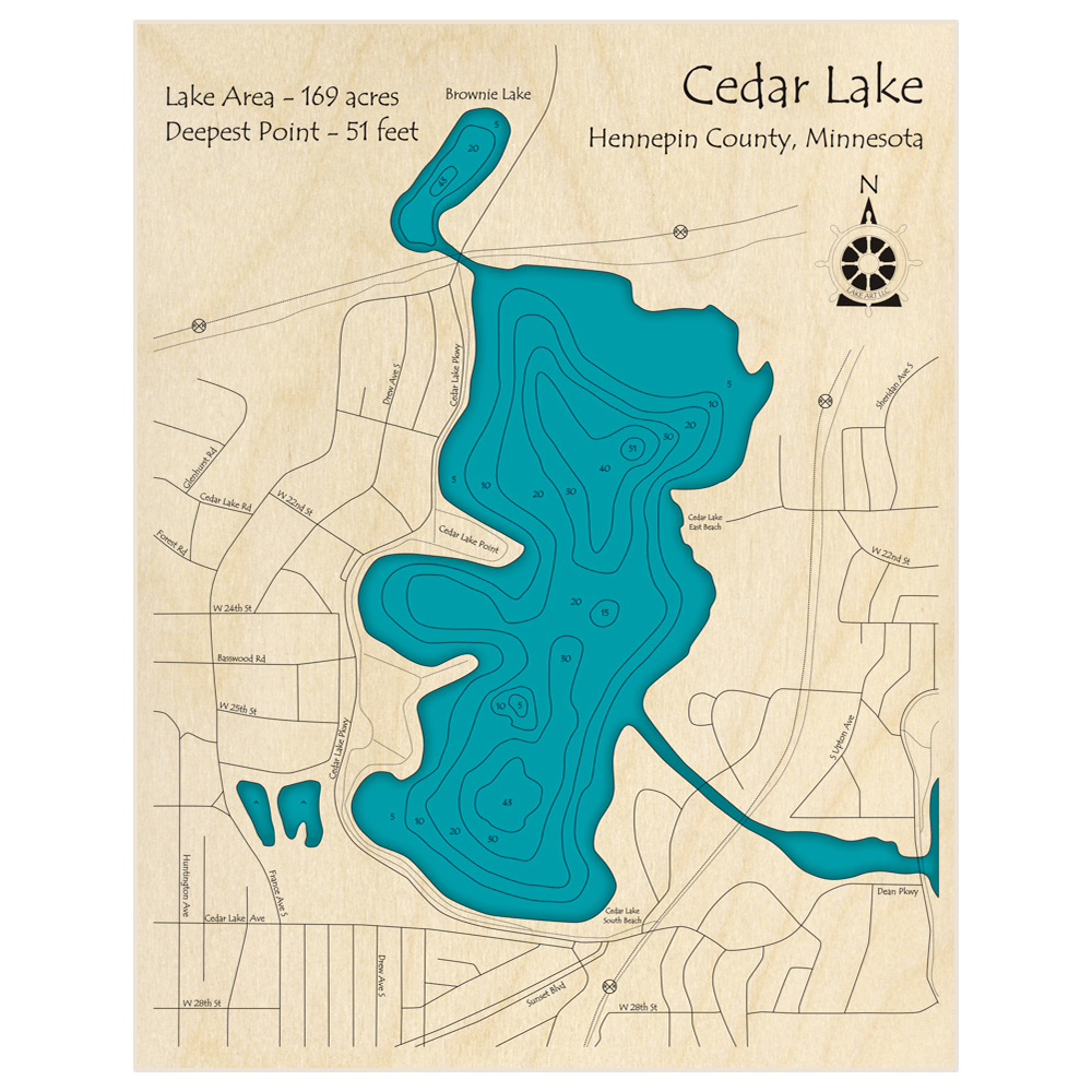 Bathymetric topo map of Cedar Lake with roads, towns and depths noted in blue water