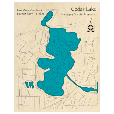 Bathymetric topo map of Cedar Lake with roads, towns and depths noted in blue water