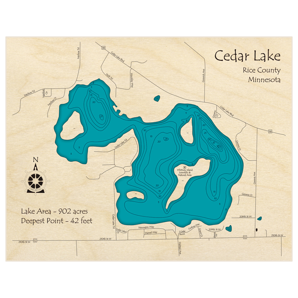 Bathymetric topo map of Cedar Lake with roads, towns and depths noted in blue water