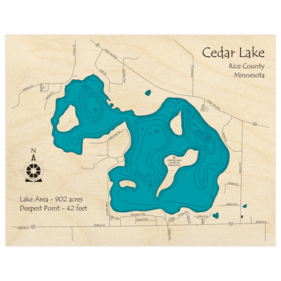Bathymetric topo map of Cedar Lake with roads, towns and depths noted in blue water