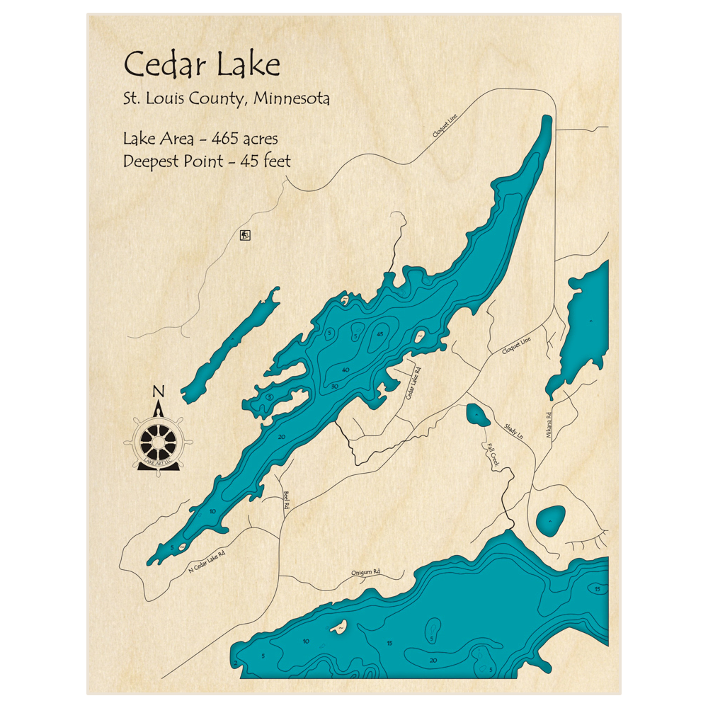 Bathymetric topo map of Cedar Lake with roads, towns and depths noted in blue water