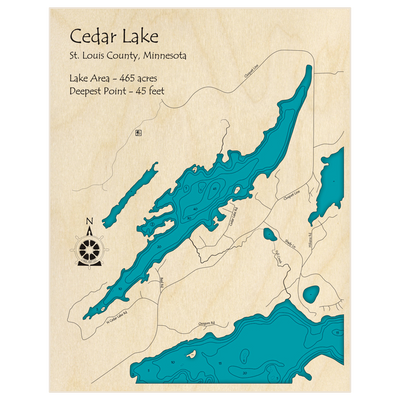 Bathymetric topo map of Cedar Lake with roads, towns and depths noted in blue water