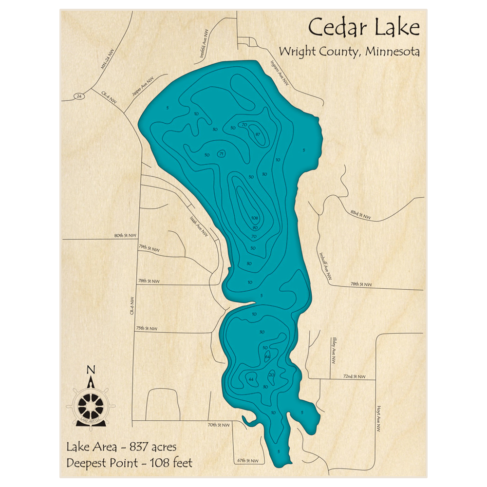 Bathymetric topo map of Cedar Lake with roads, towns and depths noted in blue water