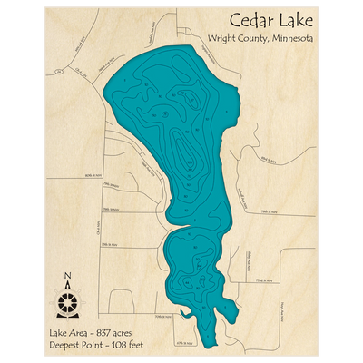 Bathymetric topo map of Cedar Lake with roads, towns and depths noted in blue water