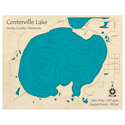 Bathymetric topo map of Centerville Lake with roads, towns and depths noted in blue water