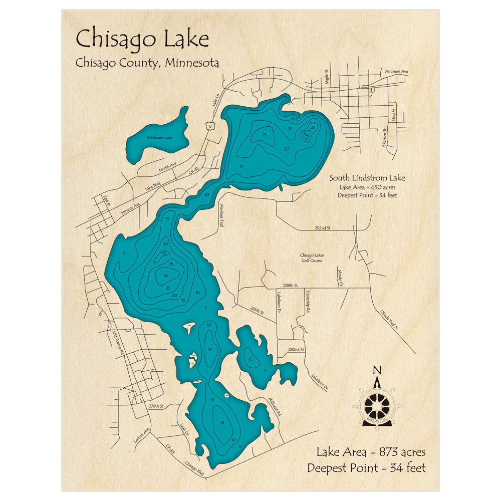 Bathymetric topo map of Chisago Lake (With South Lindstrom Lake) with roads, towns and depths noted in blue water