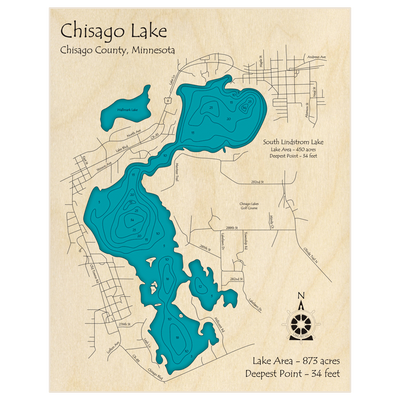 Bathymetric topo map of Chisago Lake (With South Lindstrom Lake) with roads, towns and depths noted in blue water