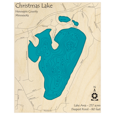 Bathymetric topo map of Christmas Lake with roads, towns and depths noted in blue water