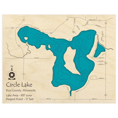 Bathymetric topo map of Circle Lake with roads, towns and depths noted in blue water