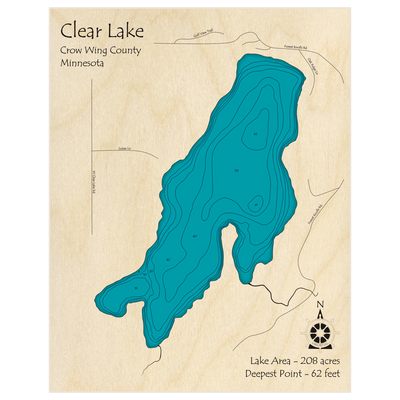 Bathymetric topo map of Clear Lake with roads, towns and depths noted in blue water