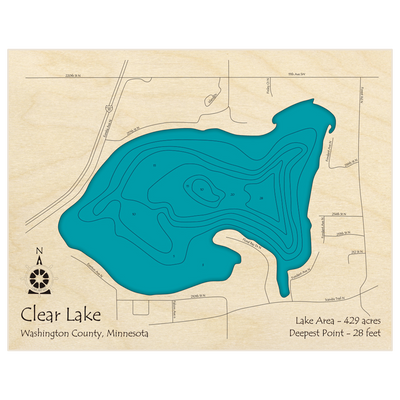 Bathymetric topo map of Clear Lake with roads, towns and depths noted in blue water