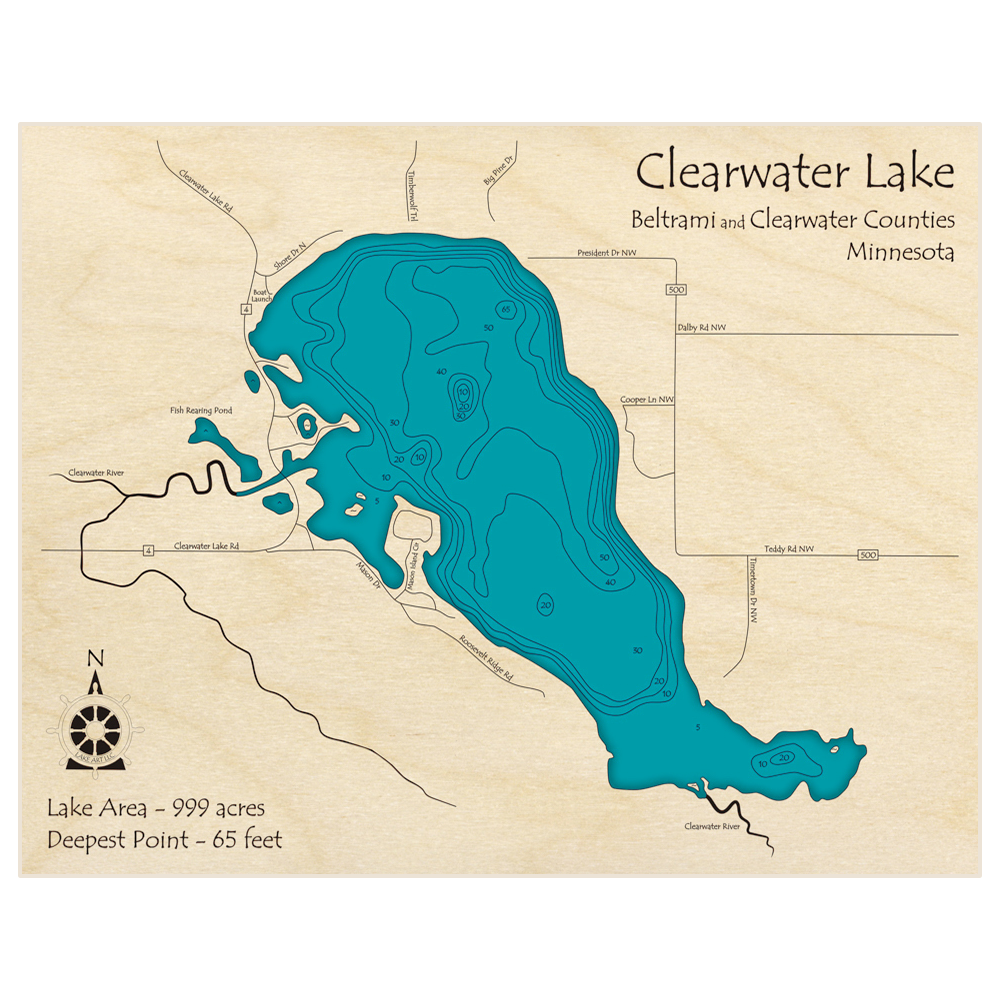 Bathymetric topo map of Clearwater Lake with roads, towns and depths noted in blue water