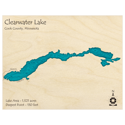 Bathymetric topo map of Clearwater Lake with roads, towns and depths noted in blue water