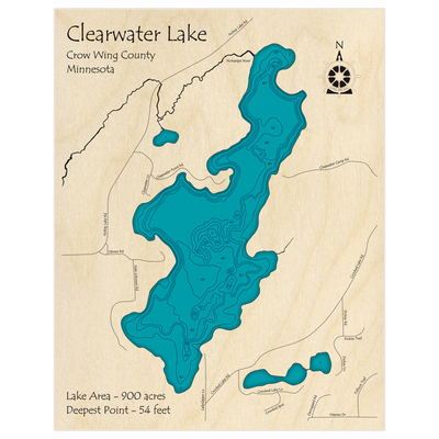 Bathymetric topo map of Clearwater Lake with roads, towns and depths noted in blue water