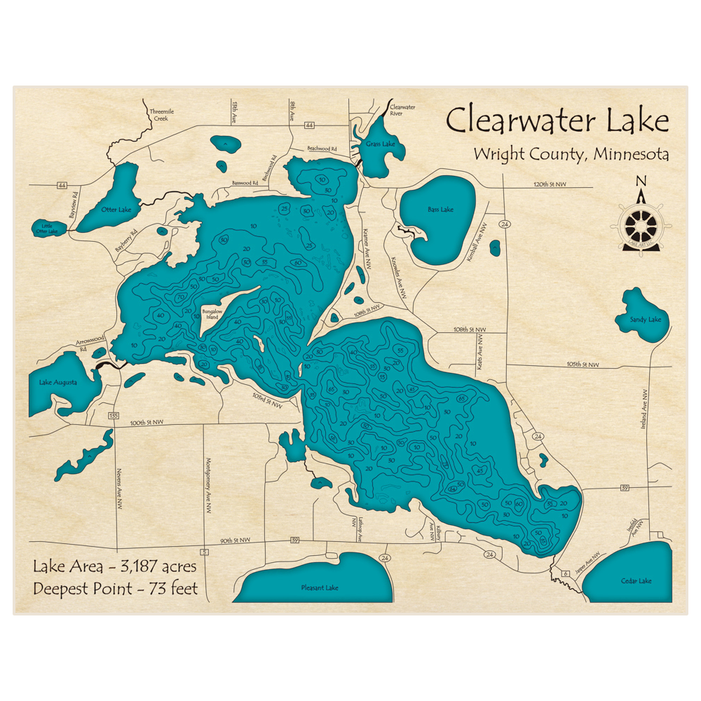 Bathymetric topo map of Clearwater Lake with roads, towns and depths noted in blue water