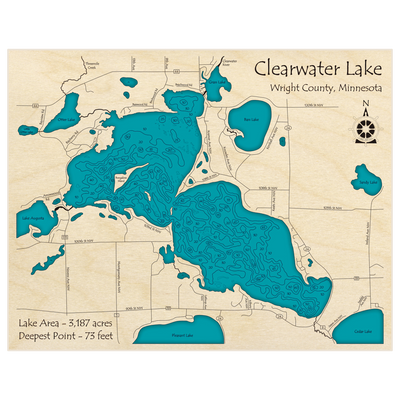 Bathymetric topo map of Clearwater Lake with roads, towns and depths noted in blue water
