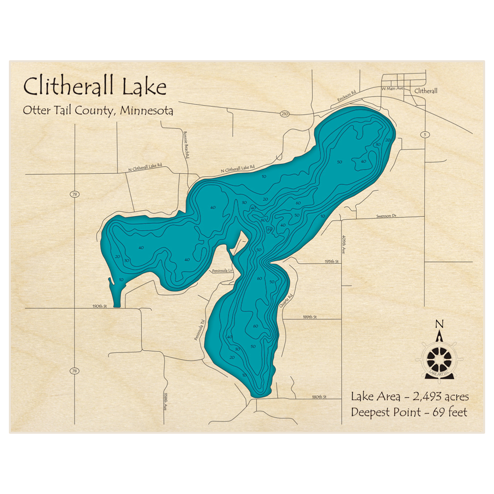Bathymetric topo map of Clitherall Lake with roads, towns and depths noted in blue water