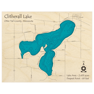 Bathymetric topo map of Clitherall Lake with roads, towns and depths noted in blue water