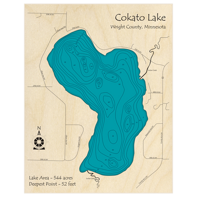 Bathymetric topo map of Cokato Lake with roads, towns and depths noted in blue water