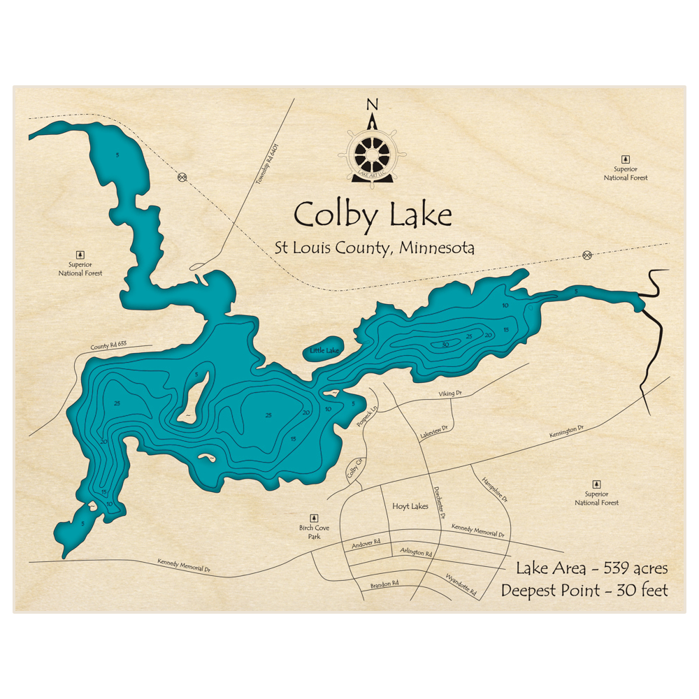 Bathymetric topo map of Colby Lake with roads, towns and depths noted in blue water