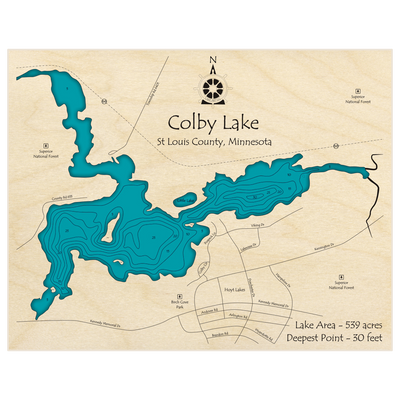 Bathymetric topo map of Colby Lake with roads, towns and depths noted in blue water