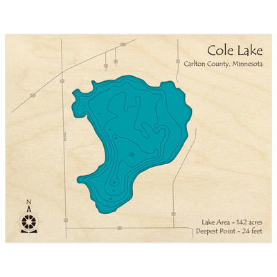 Bathymetric topo map of Cole Lake with roads, towns and depths noted in blue water