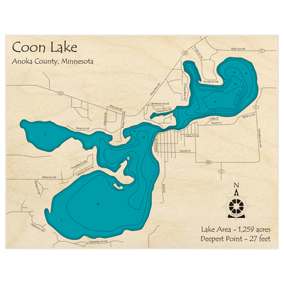 Bathymetric topo map of Coon Lake with roads, towns and depths noted in blue water