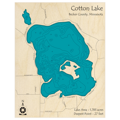 Bathymetric topo map of Cotton Lake with roads, towns and depths noted in blue water