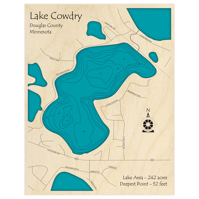 Bathymetric topo map of Cowdry Lake with roads, towns and depths noted in blue water