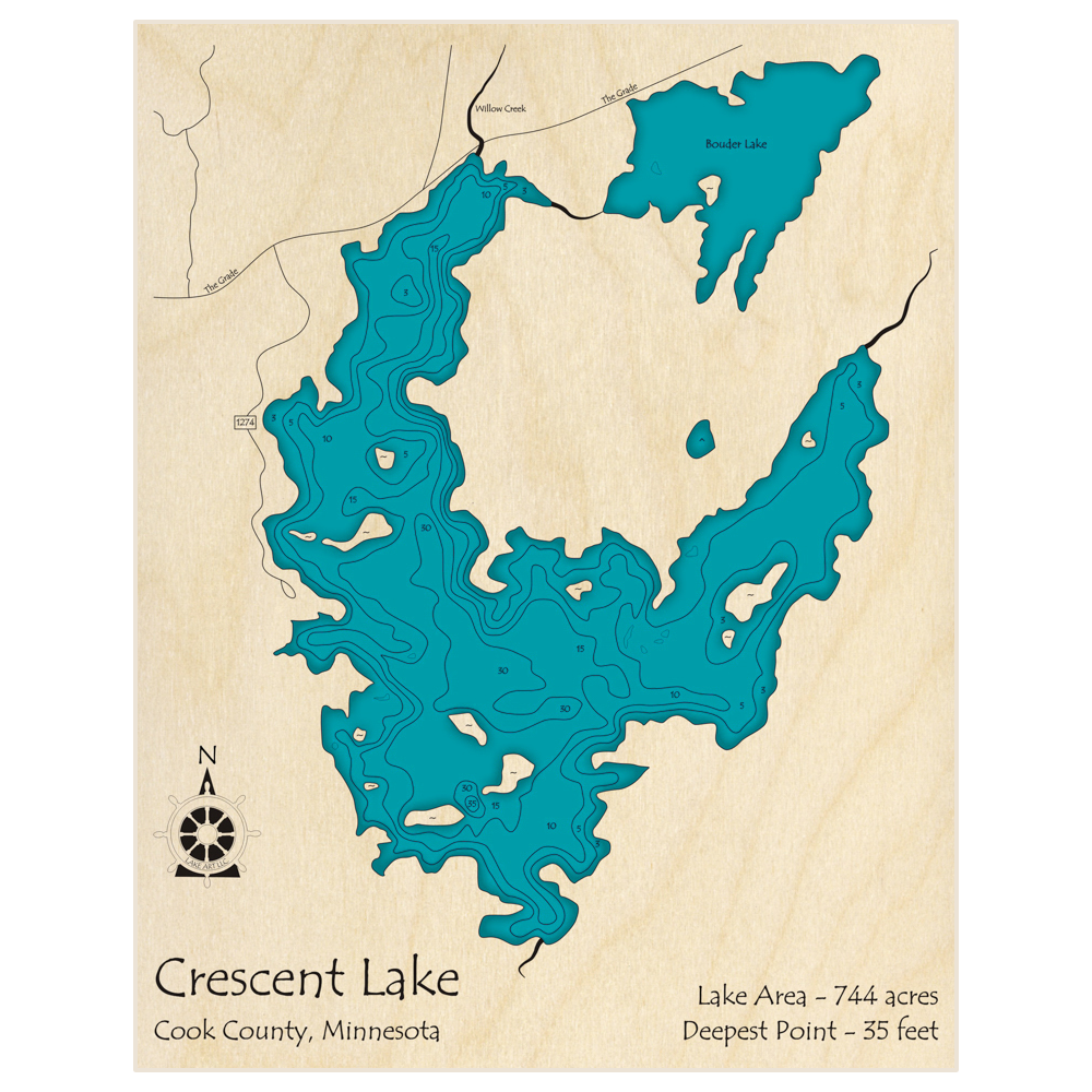 Bathymetric topo map of Crescent Lake with roads, towns and depths noted in blue water