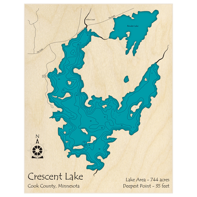 Bathymetric topo map of Crescent Lake with roads, towns and depths noted in blue water