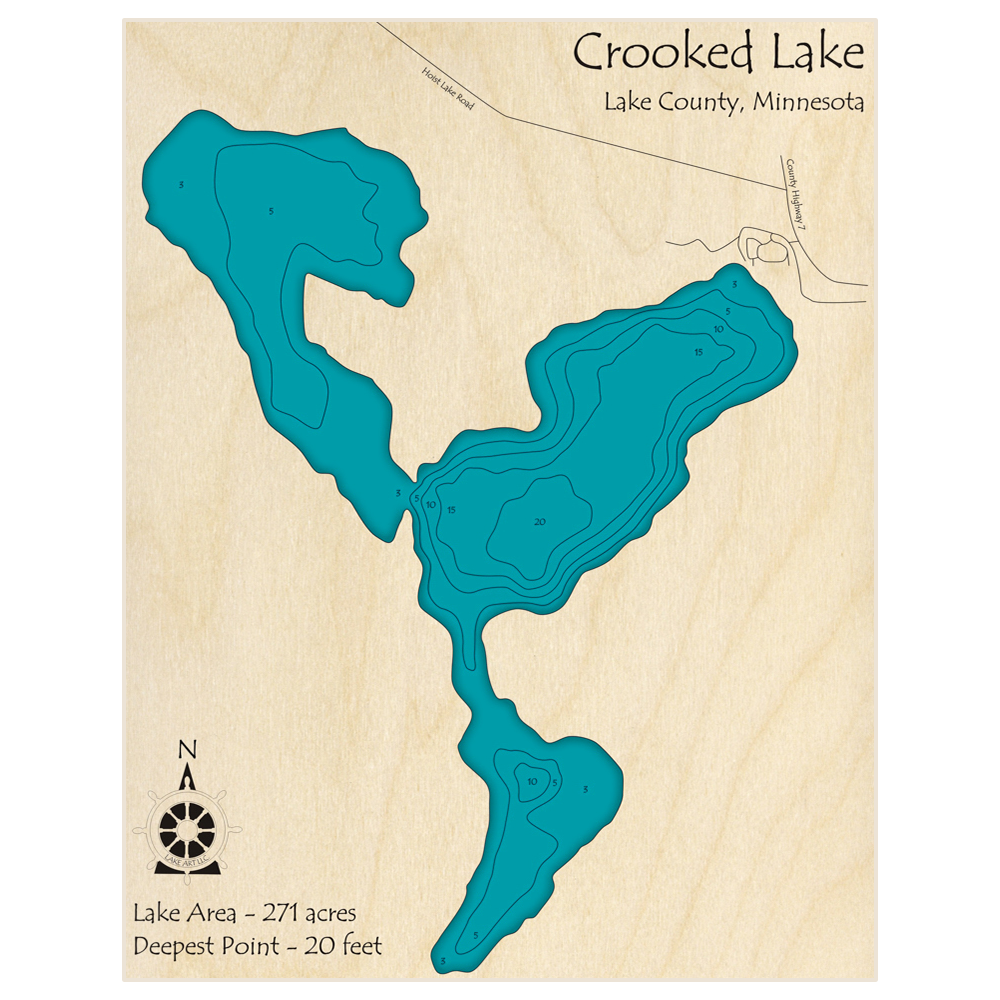Bathymetric topo map of Crooked Lake with roads, towns and depths noted in blue water