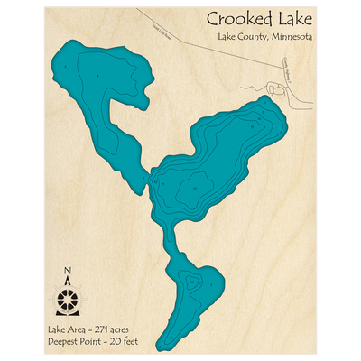 Bathymetric topo map of Crooked Lake with roads, towns and depths noted in blue water
