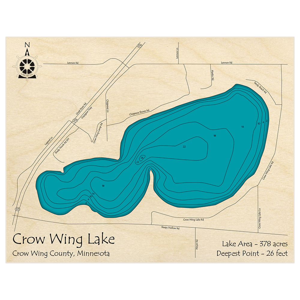 Bathymetric topo map of Crow Wing Lake with roads, towns and depths noted in blue water
