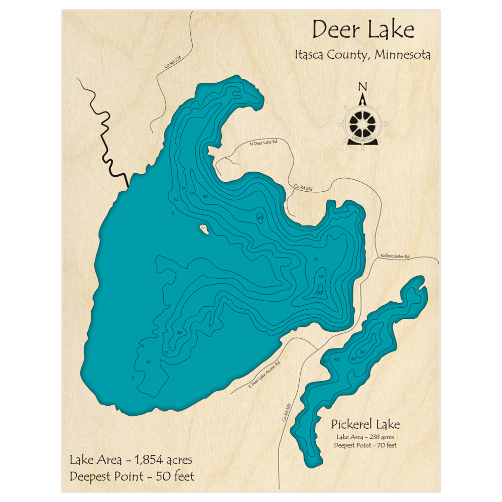 Bathymetric topo map of Deer Lake (Deer with Pickerel) (Near Togo and Effie) (ZIP 56639) with roads, towns and depths noted in blue water