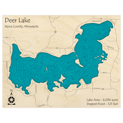 Bathymetric topo map of Deer Lake (Near Grand Rapids) (ZIP 56636) with roads, towns and depths noted in blue water