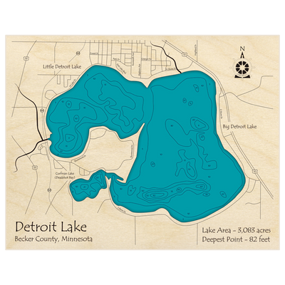 Bathymetric topo map of Detroit Lake with roads, towns and depths noted in blue water