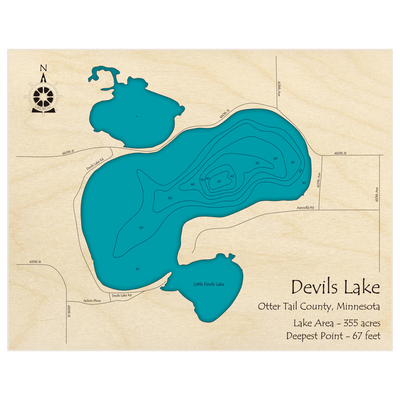 Bathymetric topo map of Devils Lake with roads, towns and depths noted in blue water