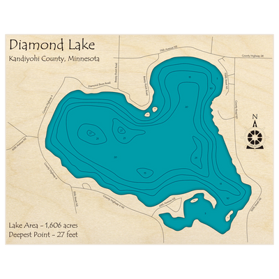 Bathymetric topo map of Diamond Lake with roads, towns and depths noted in blue water