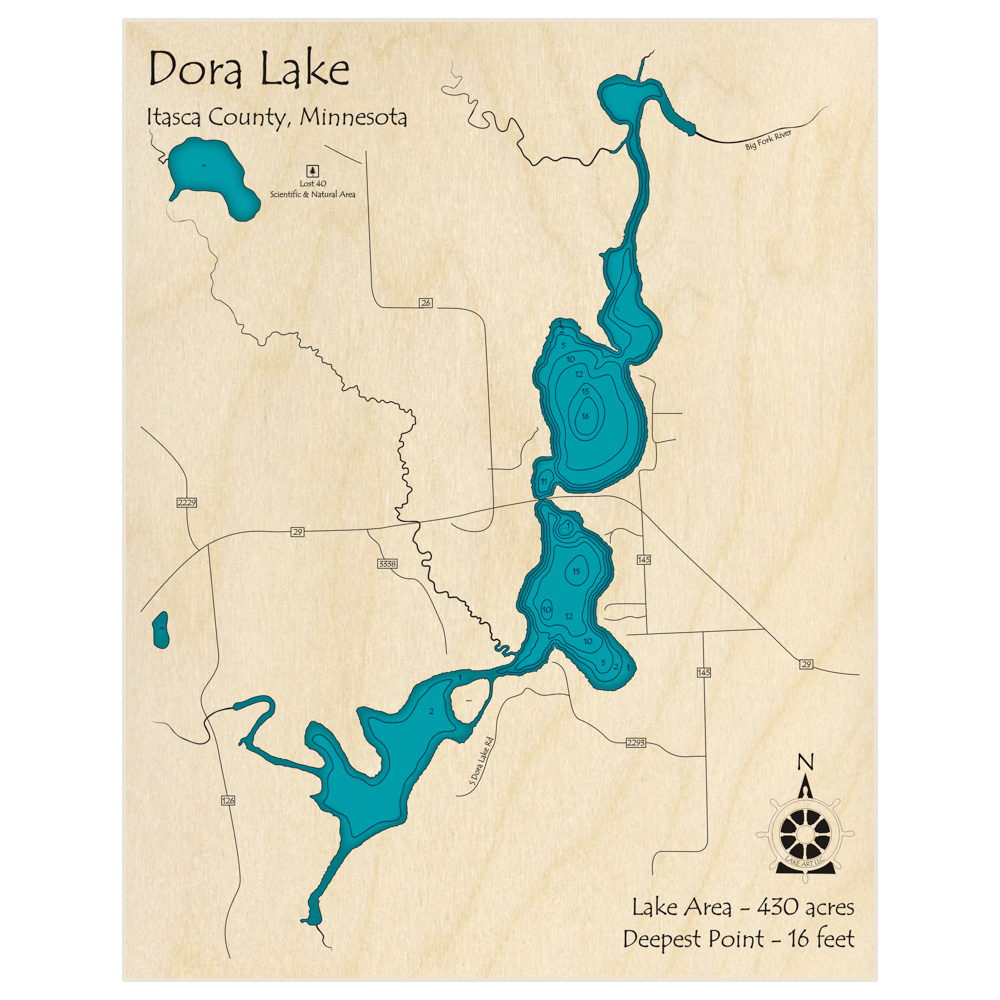 Bathymetric topo map of Dora Lake with roads, towns and depths noted in blue water