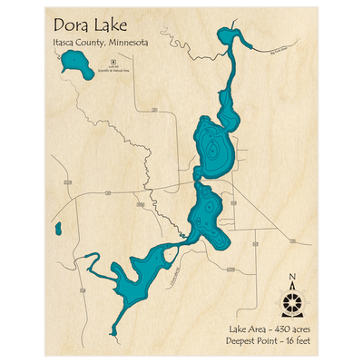 Bathymetric topo map of Dora Lake with roads, towns and depths noted in blue water