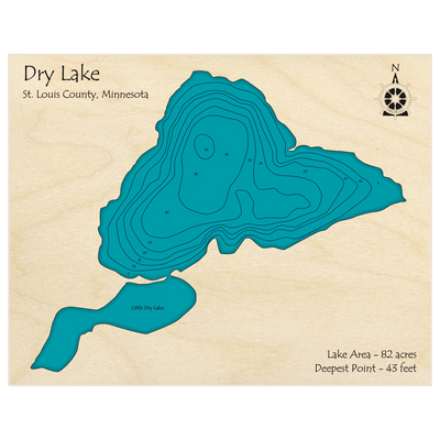 Bathymetric topo map of Dry Lake and Little Dry Lake with roads, towns and depths noted in blue water