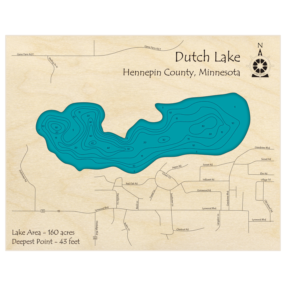 Bathymetric topo map of Dutch Lake with roads, towns and depths noted in blue water