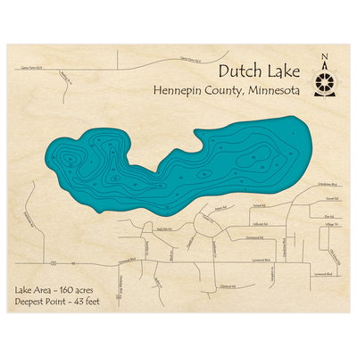 Bathymetric topo map of Dutch Lake with roads, towns and depths noted in blue water