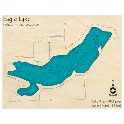 Bathymetric topo map of Eagle Lake with roads, towns and depths noted in blue water