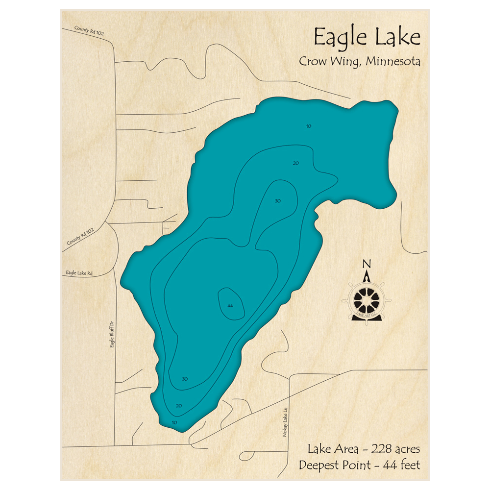 Bathymetric topo map of Eagle Lake (near Nokay Lake) with roads, towns and depths noted in blue water