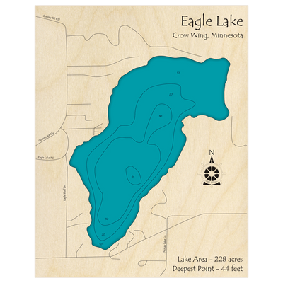 Bathymetric topo map of Eagle Lake (near Nokay Lake) with roads, towns and depths noted in blue water